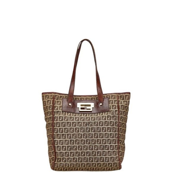 FENDI Zucchino Tote Bag Shoulder 8BH174 Beige Brown Canvas Leather Women's - Picture 1 of 10